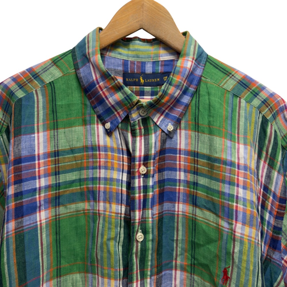 Ralph Lauren Men's 2XB Big Green Plaid Linen Short Sleeve Button Down Pony Shirt